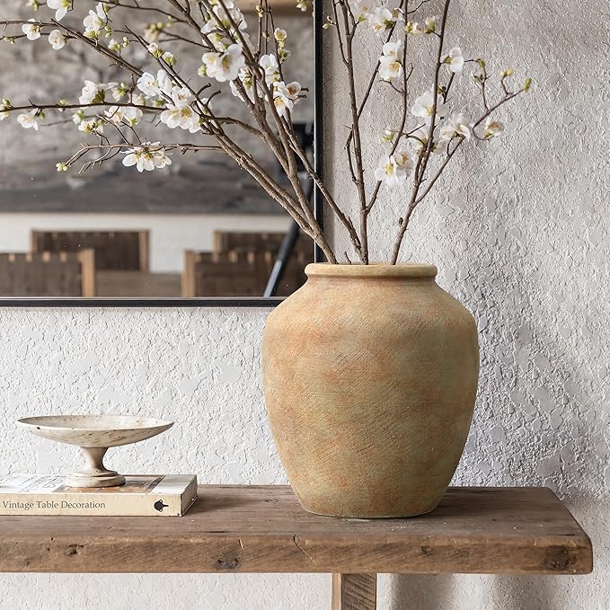 LuxenHome Rustic Ceramic Vase, 10.4" Tall Terracotta Vases with Earthy Brown Tones, Farmhouse Flower Vase for Shelf Living Room Decor, Vintage Pottery for Entry Way Table Home Decor