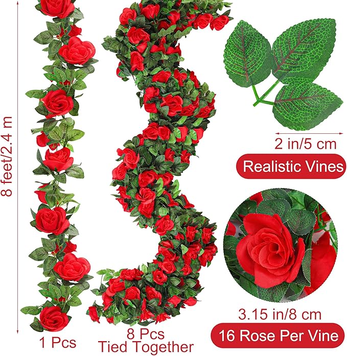 Aneco 8 Pack 64 FT Red Flower Garland Artificial Rose Vines Roses Fake Vine Flowers Plants Party Supplies for Holiday Wedding Garden Craft Art Decoration