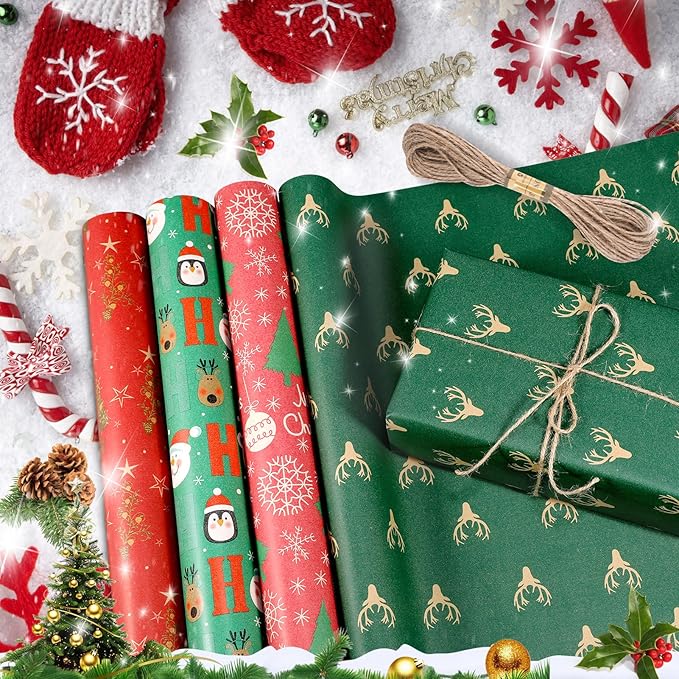 Christmas Wrapping Paper, Green Red Kraft Gift Wrap Papers Roll With Snowflakes Santa Reindeer Designs For Christmas, Thanksgiving, Holiday, Festive Gift Decor For Kids Adult, 4 Jumbo Roll x 17”x 16”