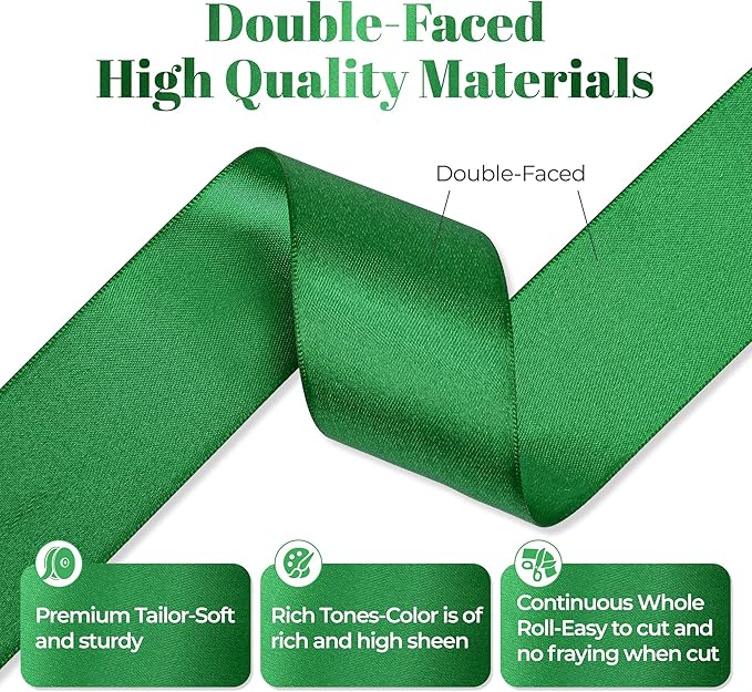 Green Satin Ribbon, Double Faced 1-1/2 Inch X 50 Yards Green Ribbon, Premium Satin Ribbon for Gift Wrapping, Crafts, Hair Bow Making, Sewing, Flower Bouquet, Wedding Party Decor