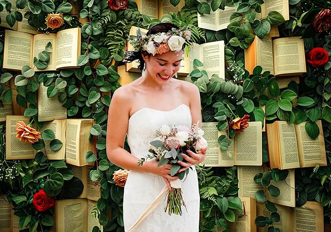 7x5FT Books Theme Photo Backdrop Books Red and Pink Rose Flowers Wall Floral Bridal Shower Backdrops Kids Birthday Girls Wedding Party Decoration Supplies Photo Booth Props KUBDJ976