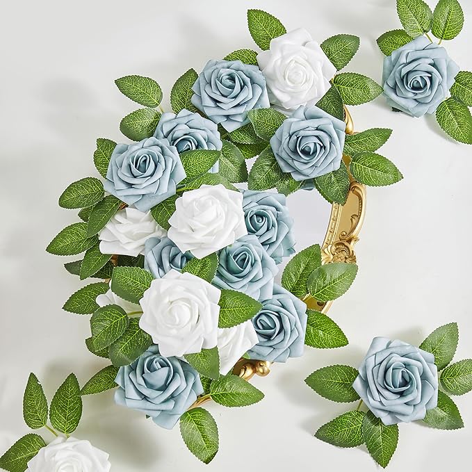 Artificial Flowers, 25pcs Dusty Blue and White Artificial Rose for DIY Wedding Bouquets Centerpieces Arrangements, Fake Flower with Stems for Party Home Decorations
