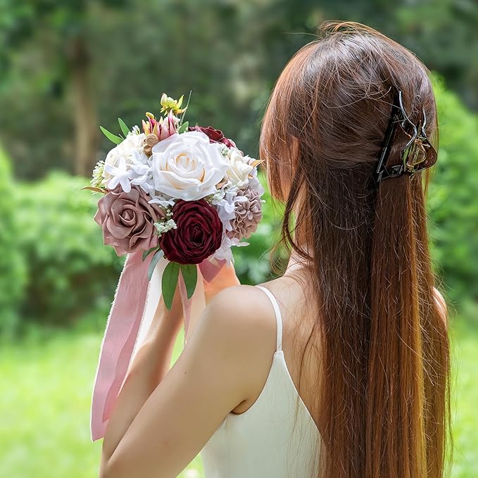 ponatia Dusty Rose Wedding Bouquets for Bride Bridesmaid, Burgundy Wedding Artificial Roses Flowers for Wedding Bouquets Ceremony, Anniversary (Burgundy & Dusty Rose)