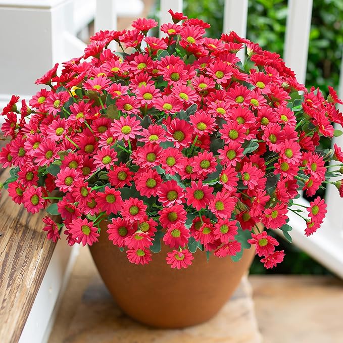 Daisy Artificial Flowers for Outdoors Summer Fall Decor, 6 Bundles Fake Mums Silk Flowers for Outside Look Real UV Resistant Fake Plants Faux Flowers for Planter Front Door Home Indoor Porch, Hot Pink