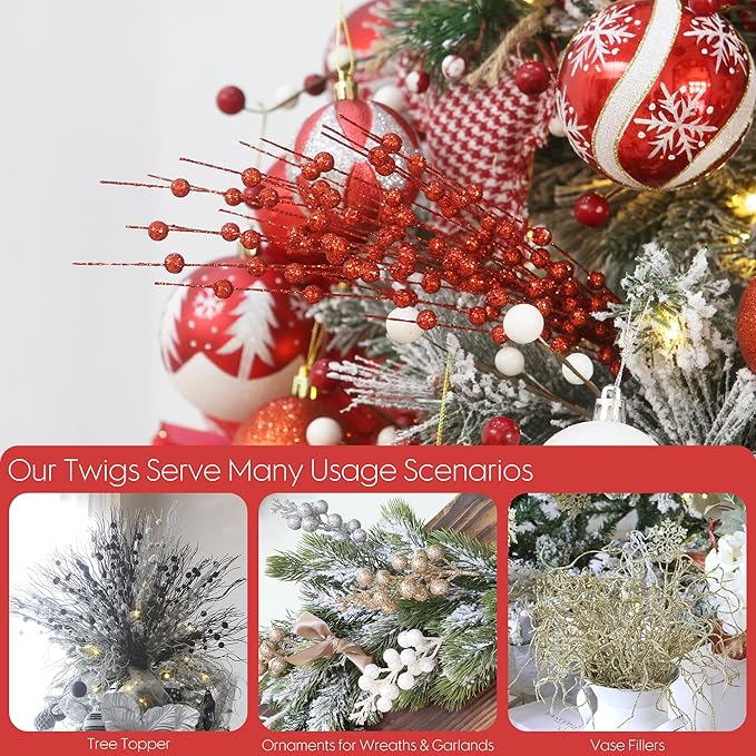 Sea Team 24-Pack Artificial Glitter Berry Stem Ornaments, Decorative Bead Sticks, Glittery Twigs, Picks, Branches for Christmas Tree, Small Vase, Holiday, Wedding, Party (17 Inches, Red)