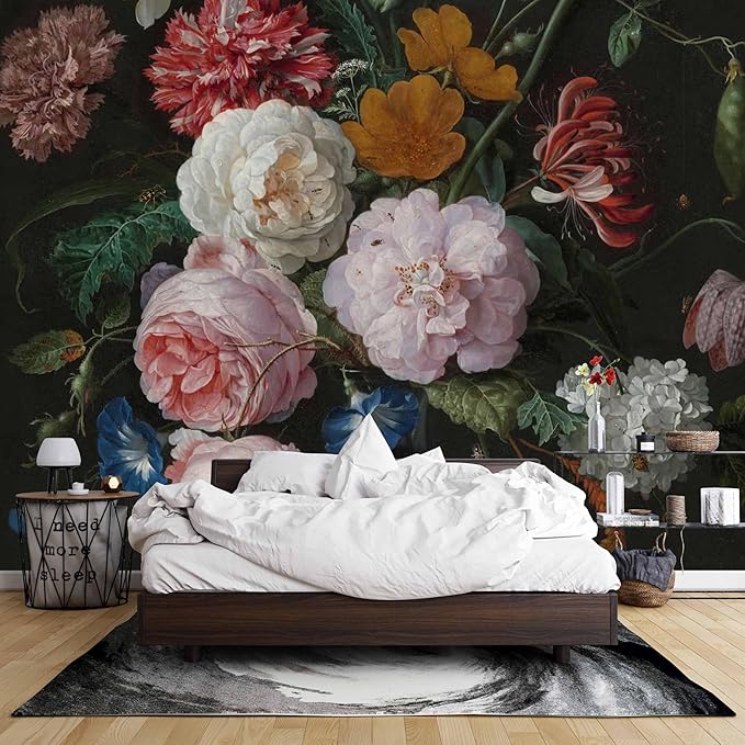 Wall Mural Peel and Stick Vintage Floral Mural- Thick Canvas Waterproof Wallpaper Art for Living Room Bedroom, Large Self-Adhesive Decor (Color-8, 137×98 inch)
