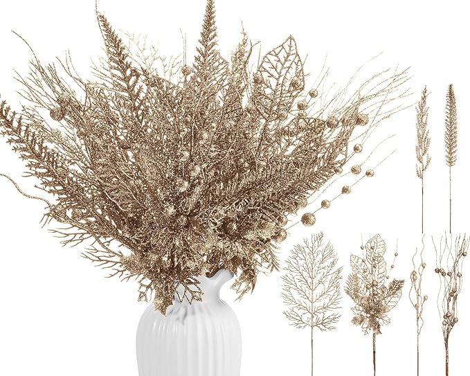 30 Pcs Artificial Christmas Tree Picks and Sprays Glitter Berry Stem Branches Holly Floral Picks Twigs Christmas Tree Ornaments for DIY Xmas Wreath Vase Filler Decorations(Champagne)