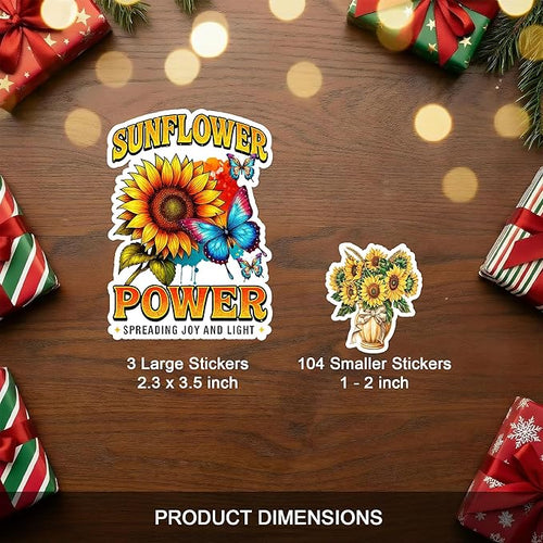 107 PCS Sunflower Stickers Pack, Floral Vinyl Waterproof Decals with Sunflowers Hummingbirds Butterflies, Gift for Teens Adults Students Birthday Christmas Laptop Water Bottle Scrapbook