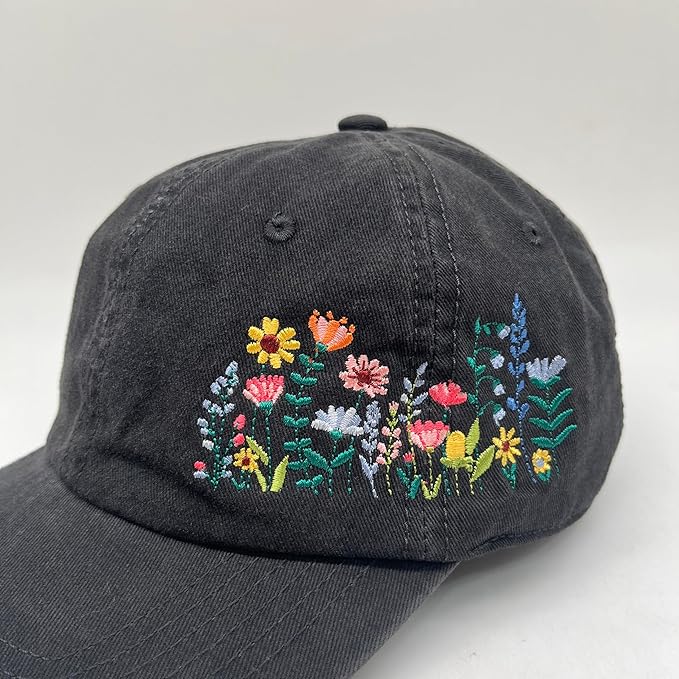 Cute Flower Hat, Elegant Floral Embroidered Adjustable Baseball Cap for Men Women, Gifts for Flower Lovers, Black