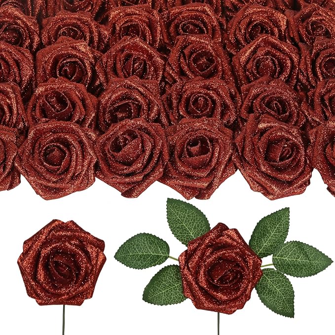 Fake Roses 30PCS Glitter Red Roses Artificial Flowers 3.15" Faux Roses with Stems for DIY Wreath Wedding Christmas Home Party Decor(Red)