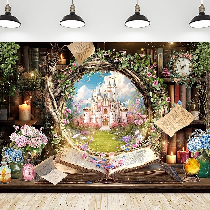 Riyidecor Fairy Woodland Library Backdrop Polyester Fabric Enchanted Castle Tale Reading Bookshelf Pink Floral Plant Botaniy 7Wx5H Feet Magic Nature Photography Background Birthday Photo Studio Shoot