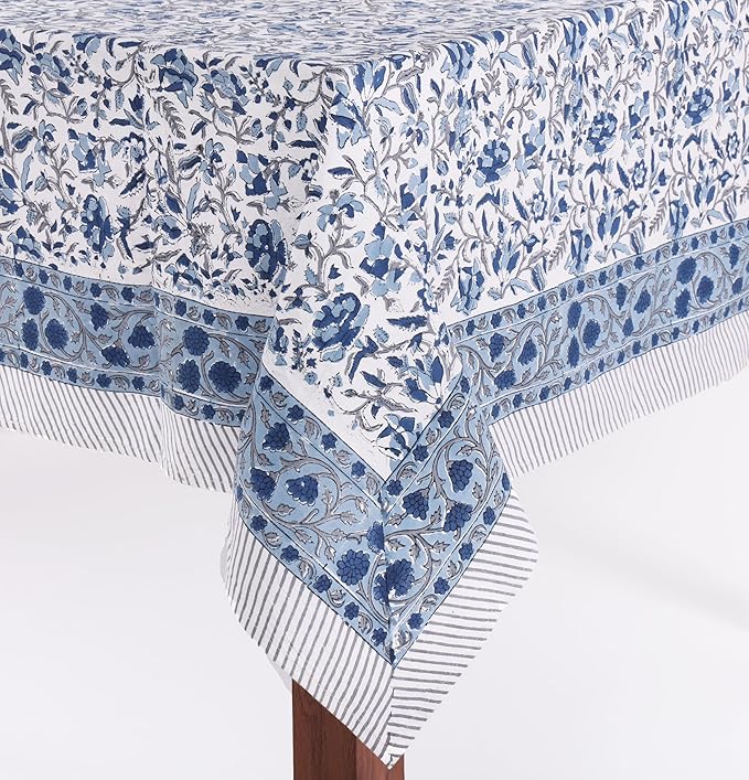 ATOSII Jodhpur Blue 100% Cotton Rectangle Tablecloth, Handblock Floral Linen Table Cloth for Kitchen Dining Table I Parties Wedding Outdoors I Home Decor 60 X 90 Inches