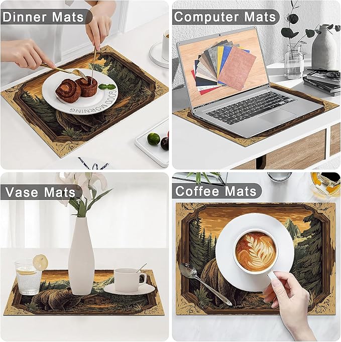 Cabin Bear Placemats Set of 4 Washable Table Mats Rustic Wildlife Hunting Forest Mountain Heat-Resistant Cotton Linen Place Mats for Dining Table Kitchen Indoor Outdoor Party Holiday Decor