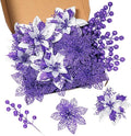 24Pcs Christmas Poinsettia Artificial Flowers and Glitter Berries Kit, 2 Styles Total 16Pcs Christmas Tree Flowers Ornaments, 8Pcs Christmas Tree Picks for Wedding Holiday Decorations, Purple