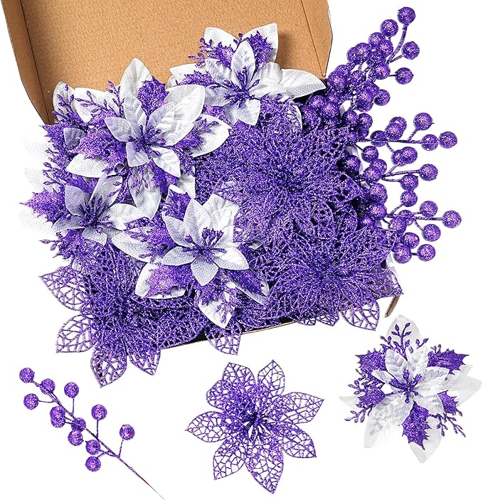 24Pcs Christmas Poinsettia Artificial Flowers and Glitter Berries Kit, 2 Styles Total 16Pcs Christmas Tree Flowers Ornaments, 8Pcs Christmas Tree Picks for Wedding Holiday Decorations, Purple