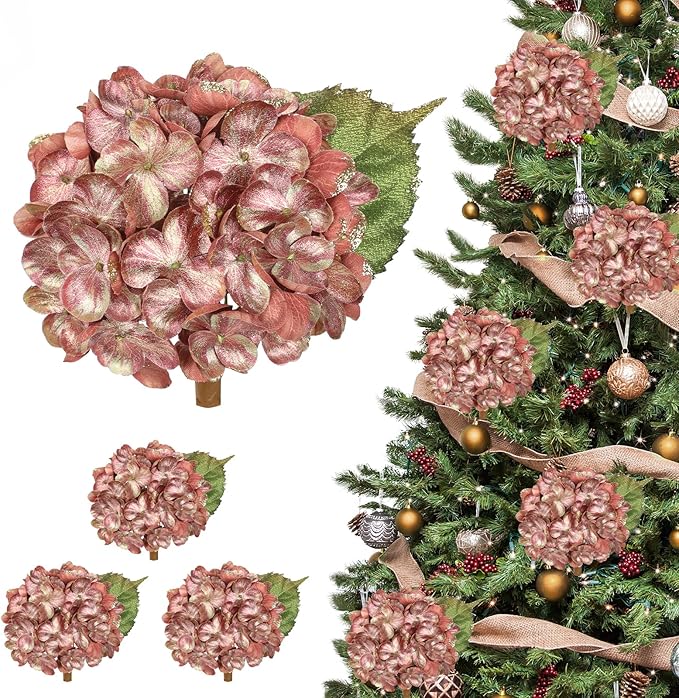 Hollyone Christmas Tree Ornaments 3Pcs Artificial Hydrangea Flowers Heads with Clips Glitter Fake Hydrangea Flower for Christmas Tree Floral Vintage Faux Hydrangea for Wedding Party Xmas Pink