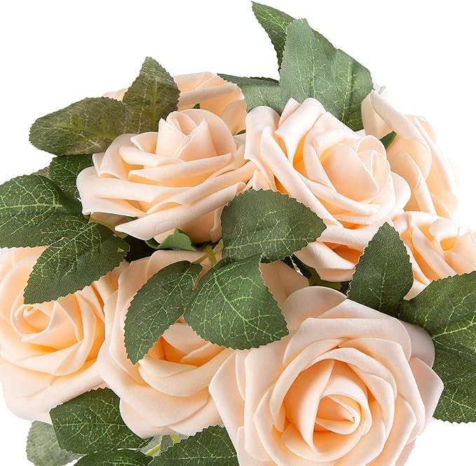 Artificial Flower Foam Rose 25pcs Real Looking Fake Rose with Stems Leaves for Home Decoration Party Garden Centerpieces DIY Wedding Bouquets（Blush）