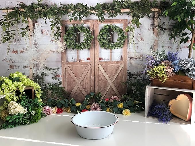 Kate Rustic White Painted Brick Wall Wood Door Photography Backdrops 10x10ft Spring Green Grass and Flowers Photo Backgrounds Baby Shower Backdrop Photoshoot Props