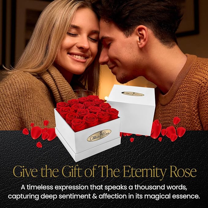 The Eternity Rose 16-Piece Preserved Roses in a Luxury Gift Box – Real Roses in Square White Box – A Valentine’s Gift as Everlasting as Your Love