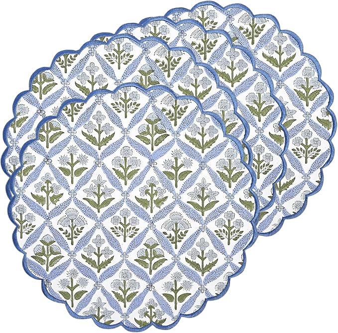 Ridhi Light Steel Blue Bo-ho Round Place Mat Easter Floral Cotton Washable Placemats 15" Round Embroidery Block Print Table Mat Pack of 8-15 Inch Round