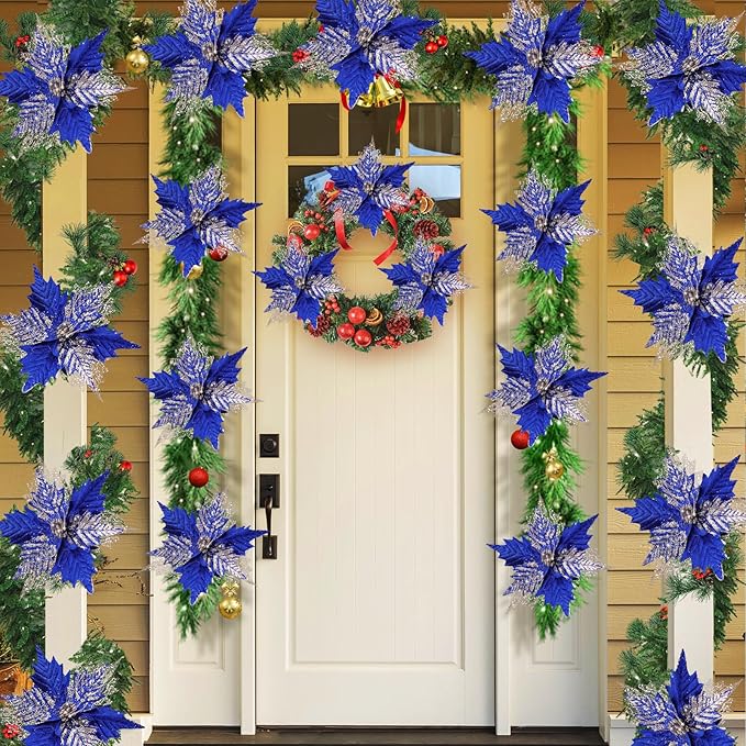 10'' Large Christmas Glitter Poinsettia Flowers Decorations, stadeco 10 Pcs Christmas Tree Picks Ornaments Artificial Flowers with Long Stems for Xmas Tree Wreath Garland Wedding Party DIY Decor