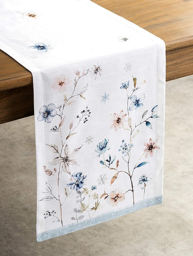 Maison d' Hermine Table Runner 100% Cotton Single Layer Table Runners 60 inches Long for Thanksgiving Christmas Decorations Home Kitchen Dining Party Wedding (Ice Florals, 14.5" x 60")