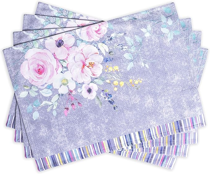 Maison d' Hermine Placemats Set of 4 100% Cotton Washable Cloth Place Mats, Reusable Table Mats for Kitchen Dining Decoration, Party, Restaurant Spring/Summer (Sweet Rose Lavender - Lush, 13" x 19")
