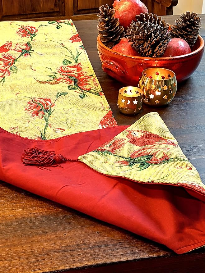 Tache Floral Red Roses Birds Golden Woven Table Runner - Vintage Tapestry Kitchen Dining Dinner Linens Cloth - 13 x 72 inches