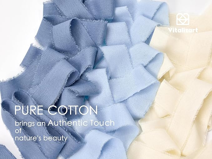 Vitalizart 100% Cotton Ribbon 1-1/2" x 15 Yd Blue & White Handmade Frayed Fringe Fabric Ribbons for Gift Wrapping Wedding Invites Bridal Shower Bouquets Christmas Decorations