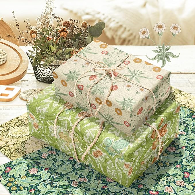 12 Sheets William Morris Wrapping Paper Set William Morris Gift Wrapping Paper 6 Design Green Vines and Flowers Pattern Paper for Flowers Themed Party Wedding Bridal Shower Baby Shower 20'' x 27''