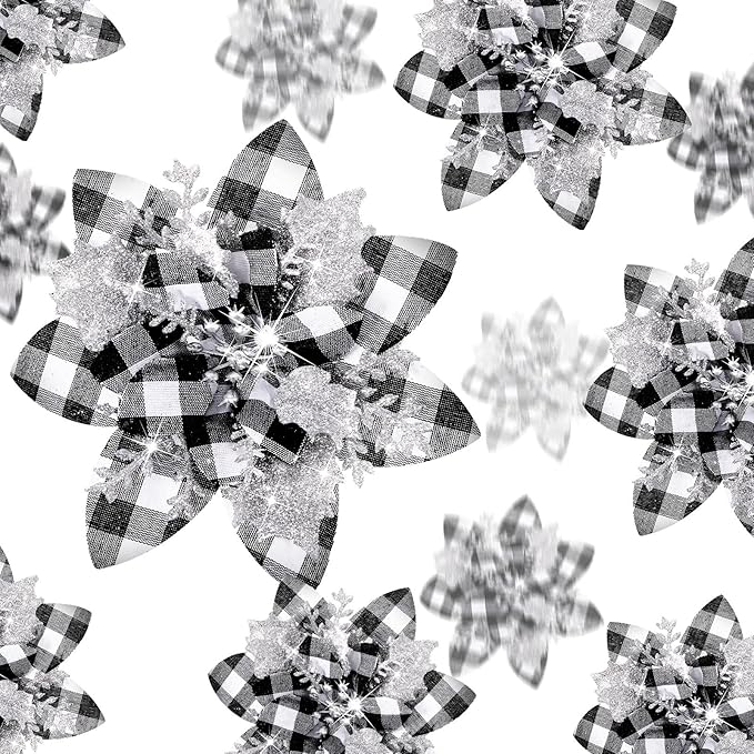36 Pcs Christmas Glitter Artificial Poinsettia Flowers Xmas Poinsettia Artificial Wedding Flowers Decorations Xmas Tree Ornaments with Clips for Party, 6 Inch, 4 Inch, 3 Inch(Black, White, Silver)