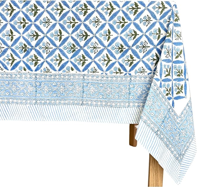 ATOSII Netta Blue 100% Cotton Rectangle Summer Tablecloth, Handblock Floral Print Linen Table Cloth for Kitchen Dining I Parties, Weddings, Outdoors, Decor 60 X 108 Inches, 8 Seater