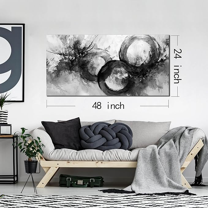 JuhaiArt Black Wall Art Large Abstract Picture Wall Decor White Canvas Art Circle Modern Artwork for Living Room Office 24"x 48"