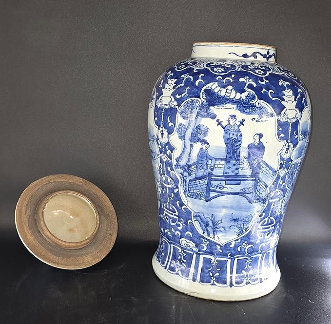 19" Antique Like Finish Blue and White Ginger Jars Porcelain Temple Ceramic Ginger Jar Vase, Antient Warriors China Ming Style, Jingdezhen(L4)