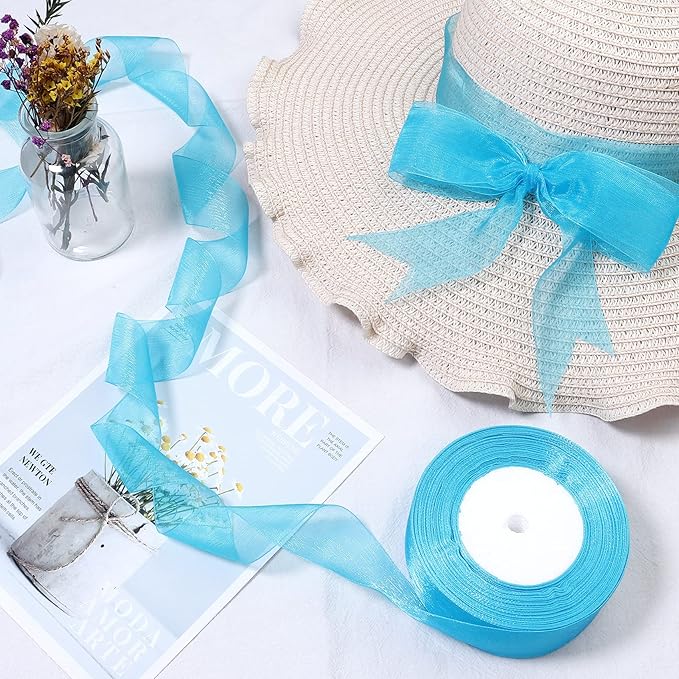 1.5 inch Sheer Organza Ribbon Lake Blue Chiffon Ribbon for Gift Wrapping Christmas Halloween Decoration Wedding Bouquet Crafts 50 Yards