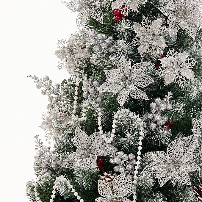 Zhuqing 22Pcs Christmas Poinsettia Artificial Flowers and Glitter Berries Stems Kit, 16Pcs Christmas Tree Flowers Ornaments and 6 Pack Christmas Tree Picks for Wedding Holiday Decorations (Silver)