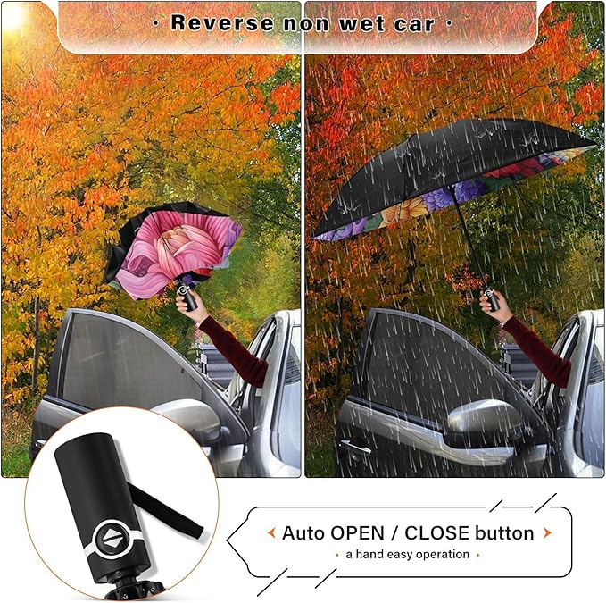Automatic Folding Umbrella Windproof Strong, UV Protection Compact Floral Hydrangea Hummingbird Sun Rain Sun Rain Travel Umbrellas for Women Men