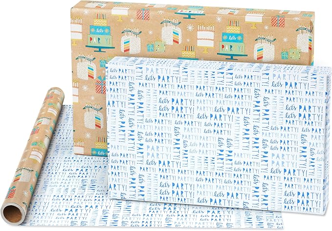 American Greetings 175 sq. ft. Reversible Wrapping Paper for Birthdays and All Occasions, Birthday Cakes and Gifts (1 Roll, 30 in x 70 ft.)