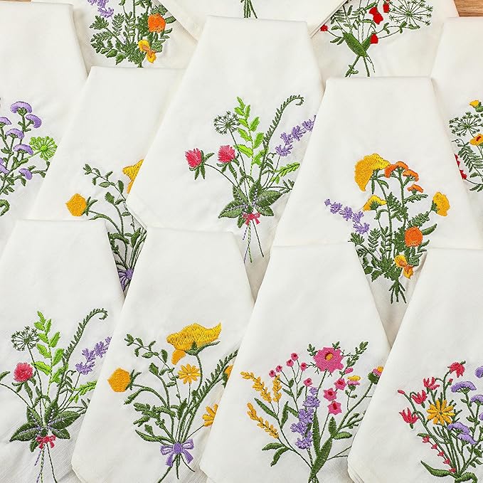 Tioncy 18 Pcs Christmas Floral Cloth Napkins Decorations Bulk Embroidered Wildflower Dinner Napkins Tea Cocktail Party Gifts Xmas Stocking Stuffers for Holiday Table Decor (White)