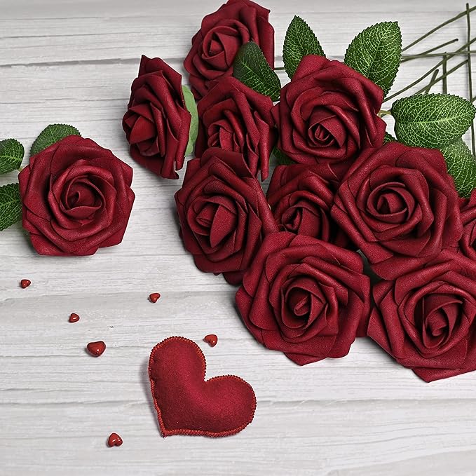 Mocoosy 50Pcs Burgundy Roses Artificial Flower, Burgundy Fake Roses for Decoration, Real Touch Foam Rose Bulk with Stem DIY Wedding Bouquet Centerpiece Floral Arrangement Bride Shower Party Home Decor
