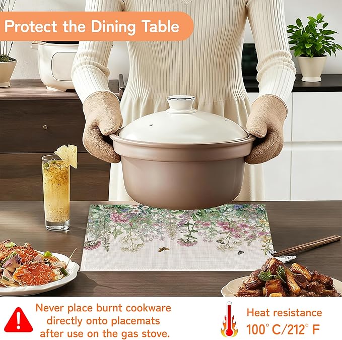 Vintage Wildflowers Placemats Set of 6,Butterfly Botanical Herbs Waterproof Heat Resistant Dining Table Plate Mat for Home Kitchen Dining Table 12x18Inch