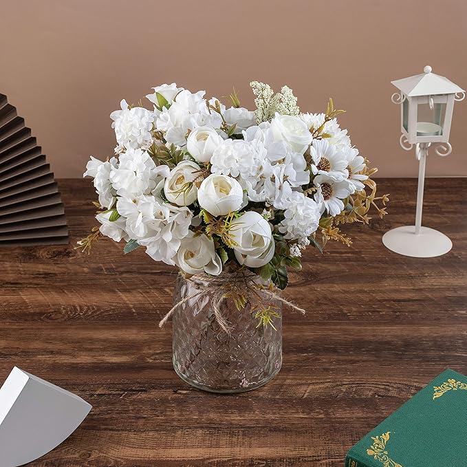 Aitificial LED White Rose Flowers with Glass Vase, Flower Arrangement for Table Centerpiece, Home Office Wedding Decoration