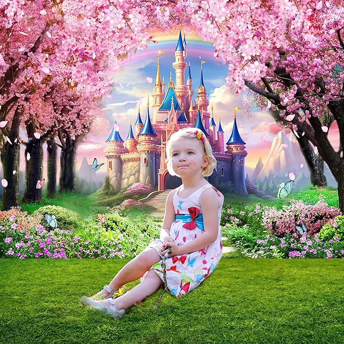 Riyidecor Princess Castle Backdrop Polyester Fabric Pink Sakura Rainbow Flowers Floral Fantasy Fairy Tale Wonderland 8Wx6H Feet Butterfly Photography Background Birthday Wedding Photo Studio Shoot