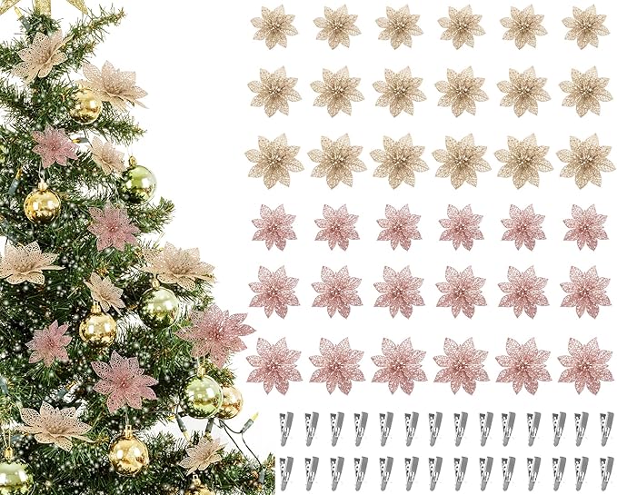 Boao Champagne,Rose Gold 24 Pieces Poinsettia Flower Christmas Glitter Artificial Poinsettia with Clips Christmas Tree Ornament Decorations for DIY Xmas Wreath Holiday Home Party Decor, 3/4/6 Inches