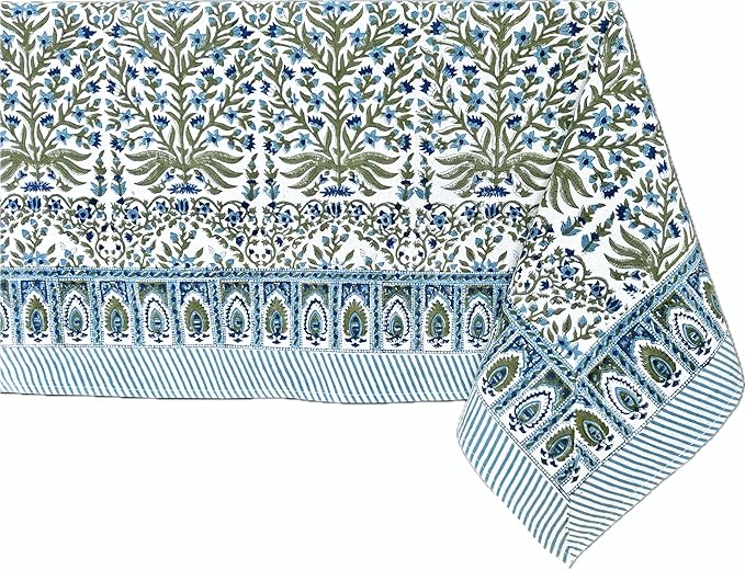 ATOSII Nargis Blue 100% Cotton Rectangle Summer Tablecloth, Indian Block Print Floral Table Cloth I Dining Parties Weddings Outdoors Holidays 60 X 60 Inches 4 Seater I Grandmillennial Farmhouse Boho