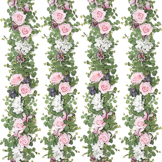 4PCS 5.9Ft Artificial Flower Garland Fake Rose Hydrangea Vines with Butterflies Hanging Floral Flowers Greenery Eucalyptus Garland for Wedding Home Party Room Table Backdrop Decor (Pink, 4PCS)