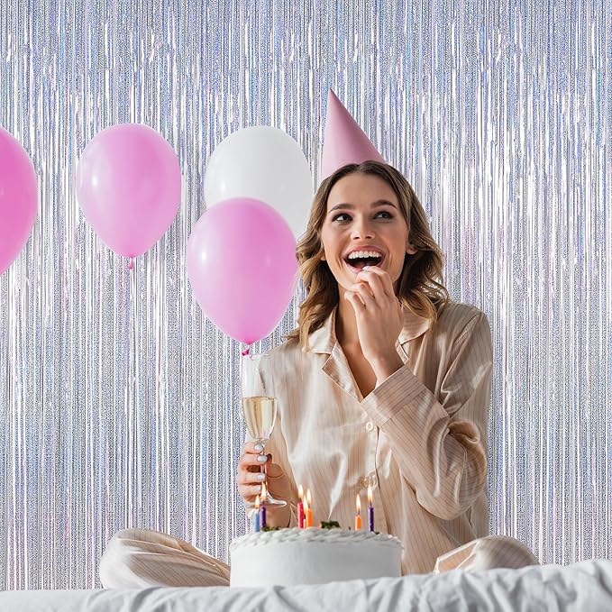 4 Pack New Year Party Fringe Backdrop, 3.28 FT x 7.05 FT Glitter Silver Tinsel Curtains, Metallic Foil Streamer Disco Fringe Backdrop Party Curtains, Birthday Party Supplies Disco Decorations