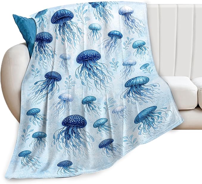 Jellyfish Blanket Marine Life Throw Blanket Blue Ocean Sea Soft Cozy Fleece Sealife Fuzzy Stuffed Plush Animal Flannel Gifts for Girls Women Boys Kids Adults 60"X80"