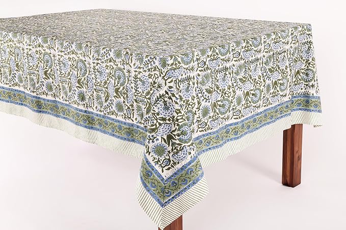 ATOSII Clover Blue 100% Cotton Square Fall Tablecloth, Handblock Floral Linen Table Cloth for Kitchen Dining Table I Parties Christmas Thanksgiving I Fall Home Decor 60 X 60 Inches I 4 Seater