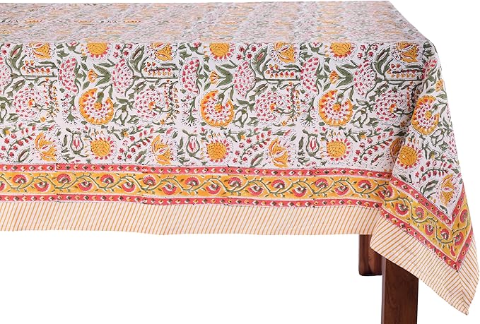 ATOSII Clover Yellow 100% Cotton Square Fall Tablecloth, Handblock Floral Print Linen Table Cloth for Kitchen Dining I Parties, Weddings, Outdoors, Christmas, Thanksgiving Fall Decor 60 X 60 Inches